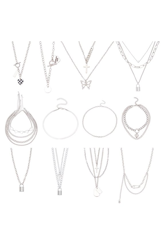 18pcs 12 Styles Chain Necklace Set Necklace Women Layered Pendants Necklace Long Multilayer Chains Punk Choker Set