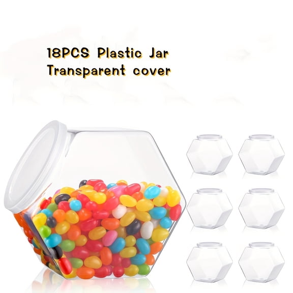 18pcs 28oz Hexagonal Plastic Candy Jars | Transparent Wide Mouth Cookie Containers with Lids | For Snacks, Paper Stars, Laundry, Dog Snacks & Gift Storage