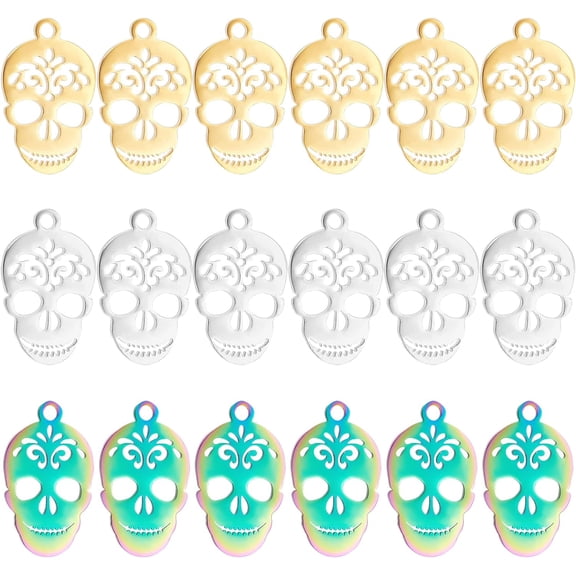 18pcs 3 Colors 1.2mm Hole Sugar Charms 201 Stainless Steel Mexico Holiday Day of the Dead Pendants Metal Charms for Jewelry Making