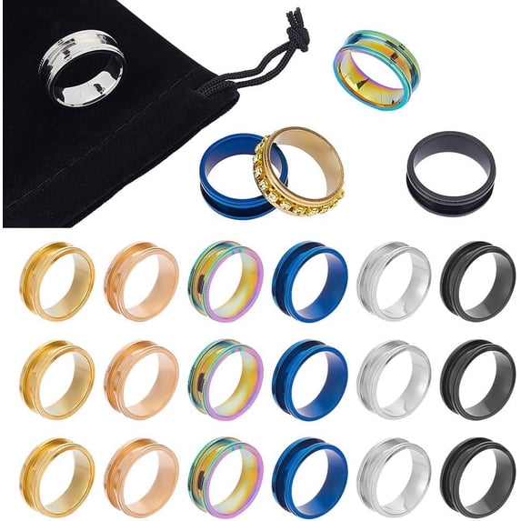 18pcs 6 Colors Blank Ring Size 10 Stainless Steel Grooved Finger Rings Blank Core Ring for Inlay Handmade Ring with Velvet Pouches Wedding Promise Jewelry Making Gift
