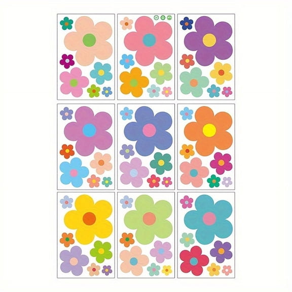 18pcs 9 Sheets Spring Summer Retro Flower Wall Decal Window Clings, Self-adhesive Groovy Boho Flower Room Decals Colorful Wall Art Decor PVC Stickers for Party Decor Supplies