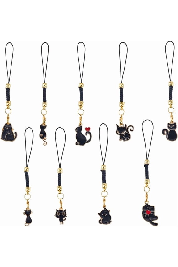 18pcs 9 Styles Black Cat Phone Charm Kitten Phone Charm Small Enamel Lucky Cute Black Animal Cats Kitty Cellphone Straps DIY
