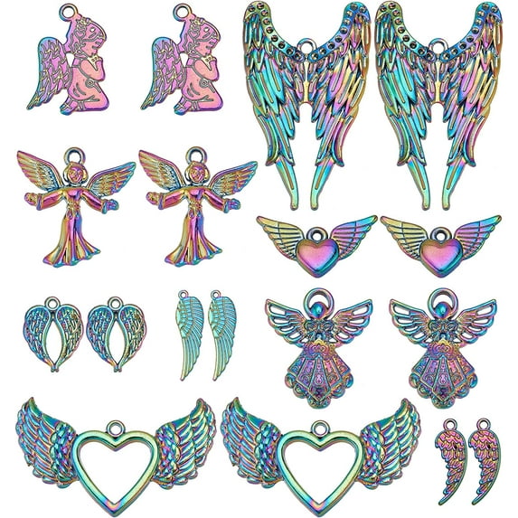 18pcs 9 Styles Rainbow Color Alloy Pendants Alloy Multi-color Angel Wing Charms Religious Pendants for DIY Making