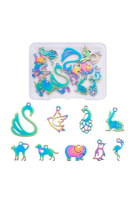 18pcs 9 style 201 Stainless Steel Pendants Animal Rainbow color 2pcs/style