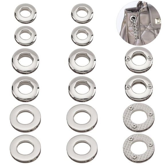 18pcs Alloy Eyelets Grommets Metal Screw-in Together Eyelets 10.5/13.8/16mm Round Grommet Snap Hole O-Ring Bag Loop Connector for DIY Handbag Clothes