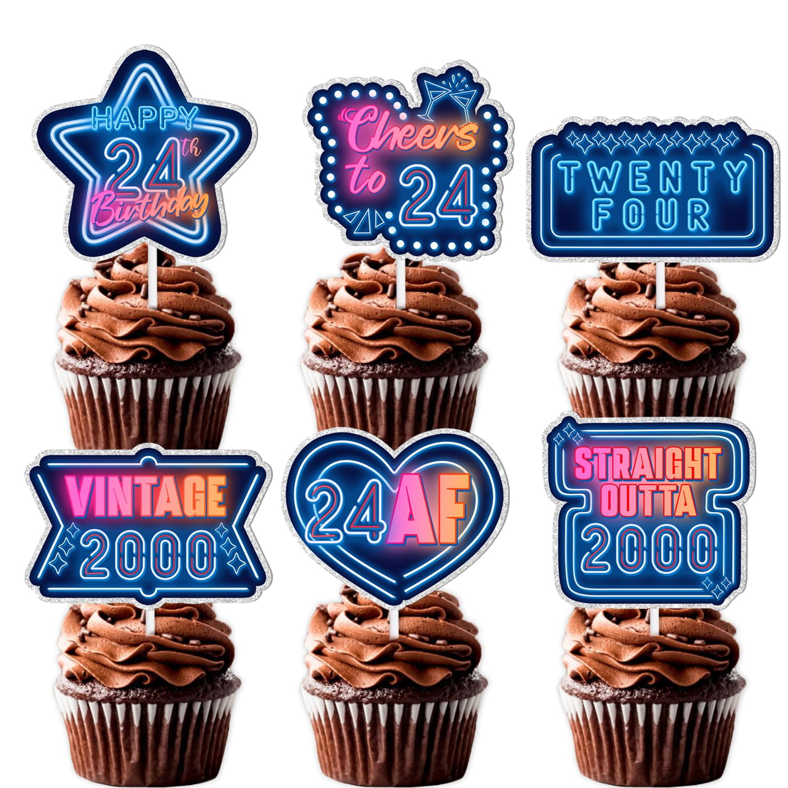 18pcs Blue Fluorescence Glitter ZS23 Dessert Cupcake Topper Cheer to ...