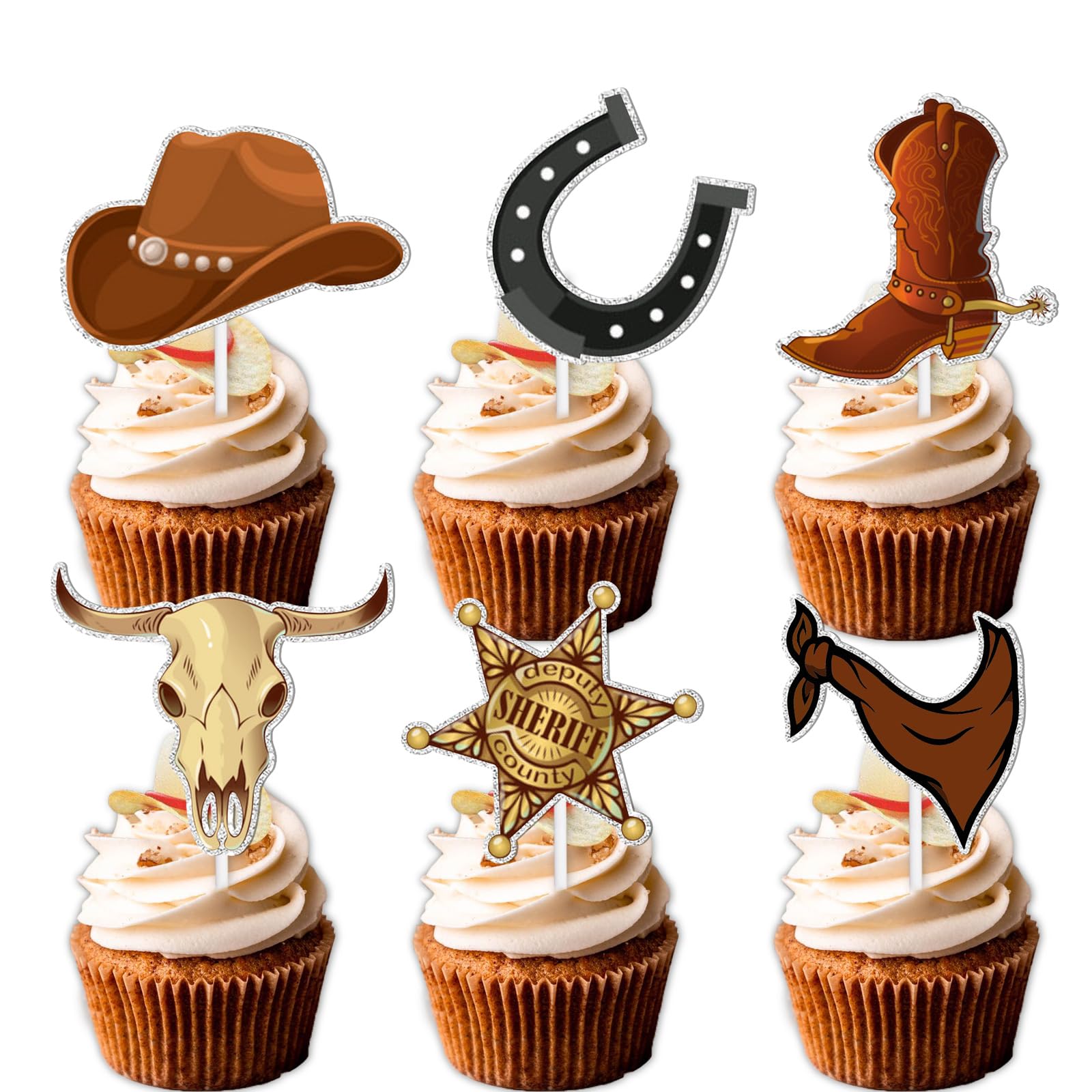 18pcs Brown Glitter Dessert Cupcake Topper Country Western Cowboy Bull ...