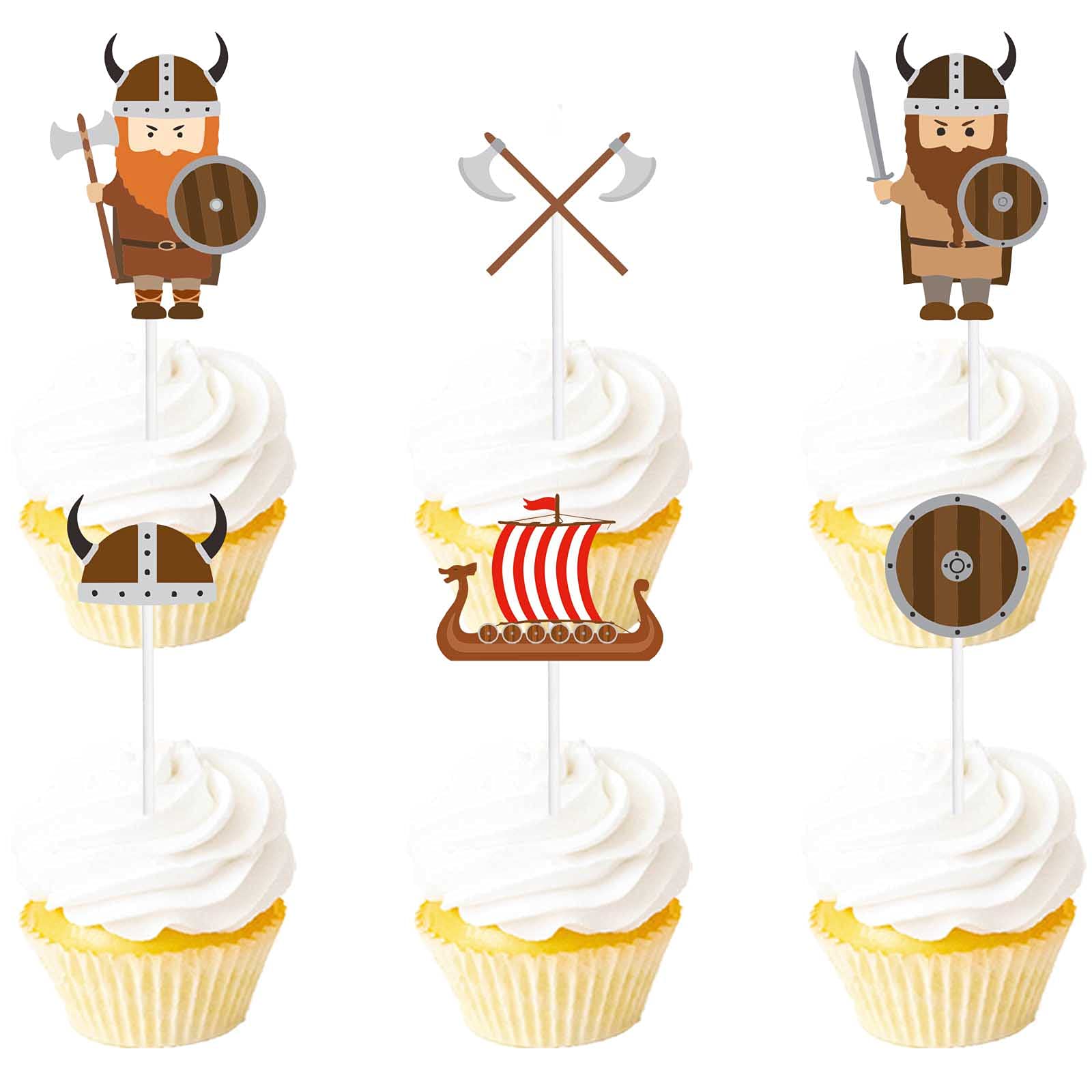 18pcs Brown Glitter Viking Dessert Cupcake Topper Ship Helmet Brave Barbarian Pirate Theme Decor