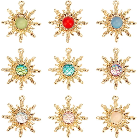 18pcs Celestial Sun Charms 9 Colors Sun Pendants Solar Eclipse Charms Dangle Glass Charms for Earring Necklace Bracelet Keychain Jewelry Making diy