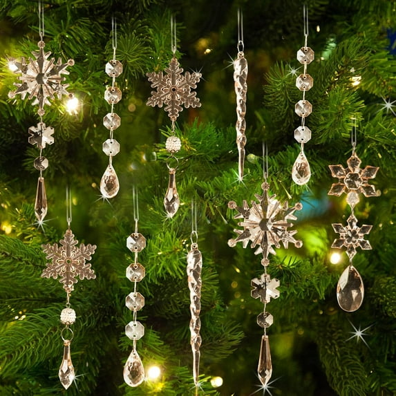 18pcs Christmas Tree Decoration Crystal Ornaments - Hanging Acrylic Christmas Snowflake Icicle Drop Crystal Ornaments for Xmas Tree Winter New Year Party Supplies