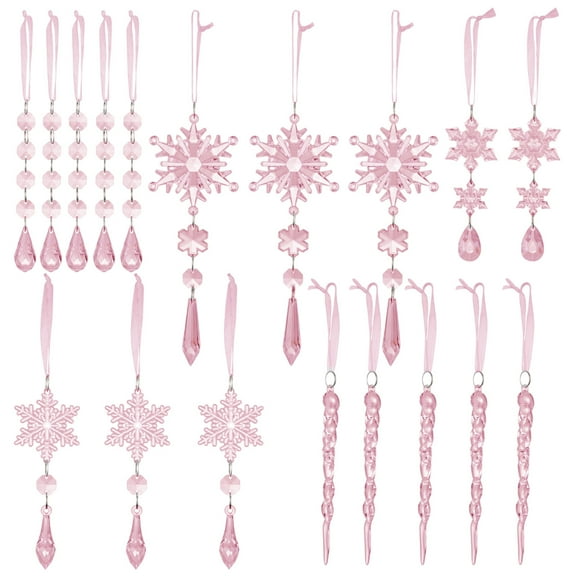 18pcs Christmas Tree Decoration Ornaments - Hanging Acrylic Christmas Snowflake Icicle Drop Ornaments for Xmas Tree Winter New Year Party Supplies Pink