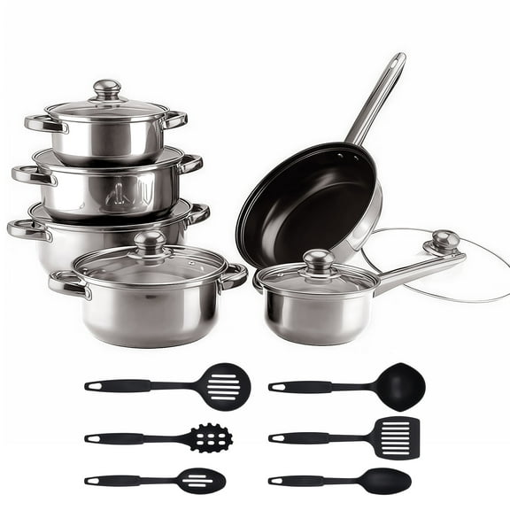 18 Piece Pots and Pans Set, Nonstick Cookware Set with Handles and Pans, Oven & Dishwasher Safe, Induction Compatible, Stackable RV Kitchen Cooking Set, Silver