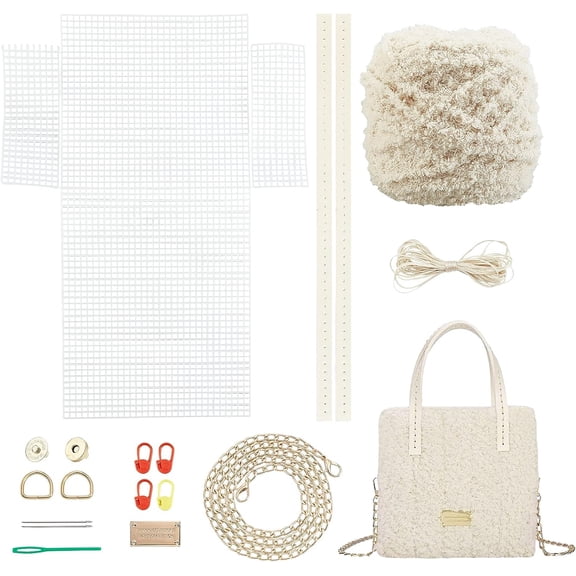 18pcs DIY Knitting Crochet Kit Hand-Knit Woven Bag Making Tool Stitch Mesh Plastic Canvas Sheets Set Handmade Purse Needlepoint Kit Crossbody Crafting Material Beige Mixed Color