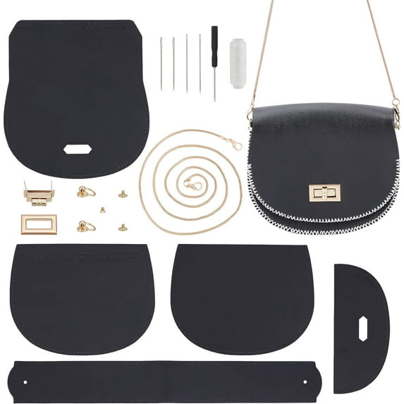 18pcs DIY Leather Handbag Making Materials Kit Leather Craft Bag Sewing Accessories Black Knitting Crochet Purse Making Supplies Handmade Shoulder Crossbody Bag Making Tools Set 7.4×6.3 Inch