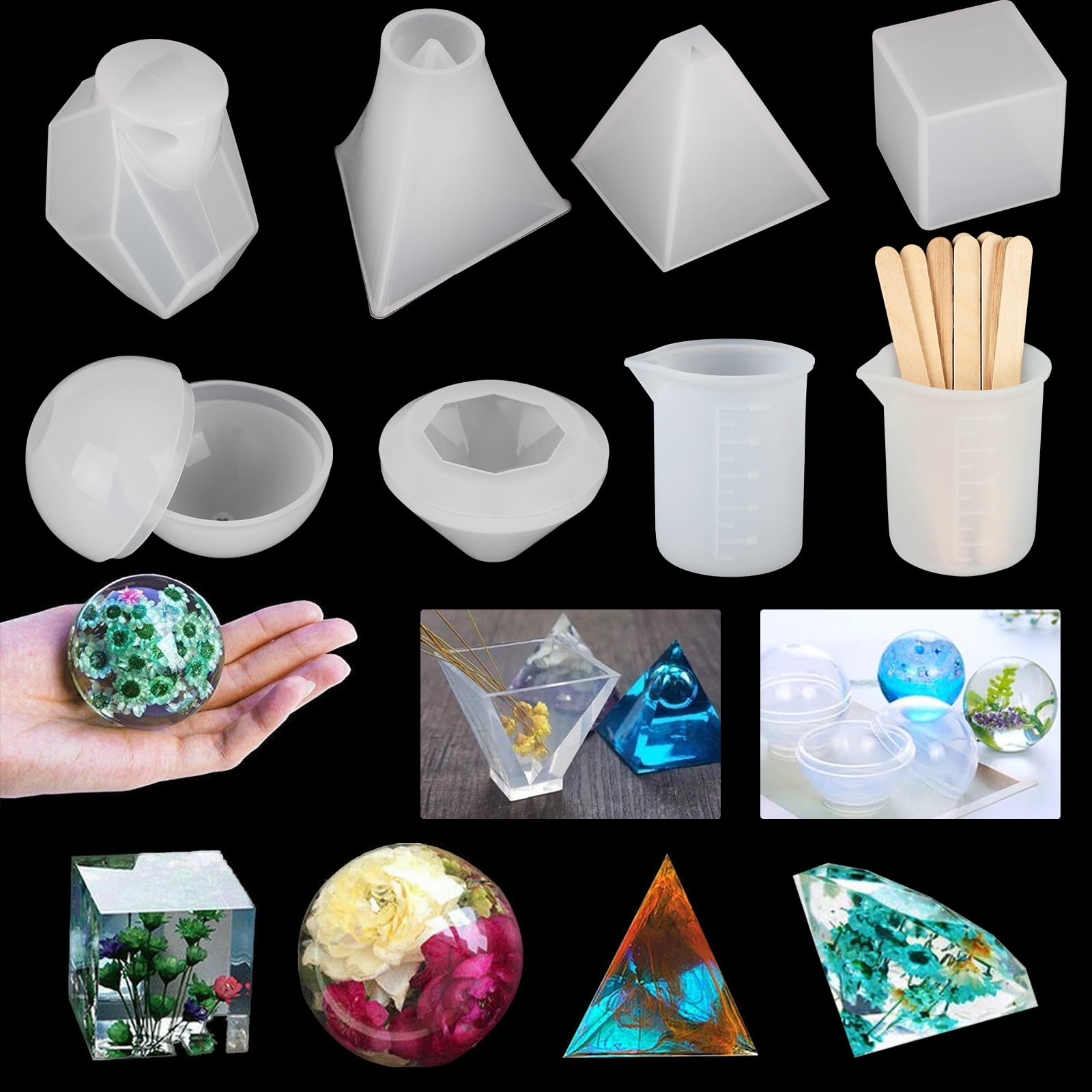 18pcs DIY Silicone Resin Casting Molds Tools Set, EEEkit Epoxy Resin Molds for Jewelry Craft Casting, Including Cube, Pyramid, Sphere, Diamond, Stone Resin Mold with Silicone Cups & Wood Sticks
