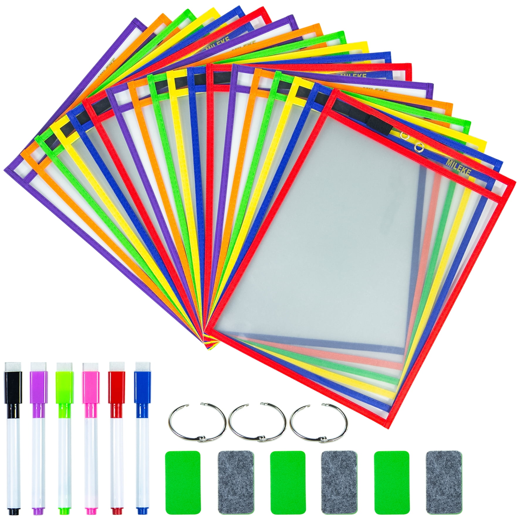 18pcs Dry Erase Pockets for Drawing & Practise, Rewritable Erase Sleeves  for A4 Paper for School teachers and students, Clear Work-sheet Protectors,  Plastic Ticket Holders, 6 Colors 