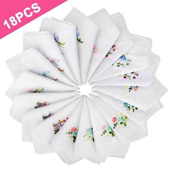 18pcs Floral Embroidered Handkerchiefs, TSV 11''x11'' Cotton Hankies for Women, Pocket Square