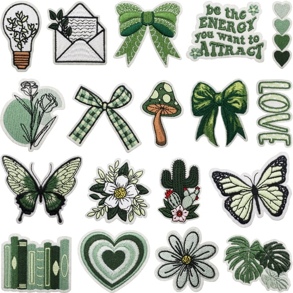 18pcs Green Retro Cartoon Kids Embroidered Patches, Sew/Iron On Repair Applique Embroidery Patches for T-Shirt, Jackets, Jeans, Vests,Hats, Backpacks,Bags