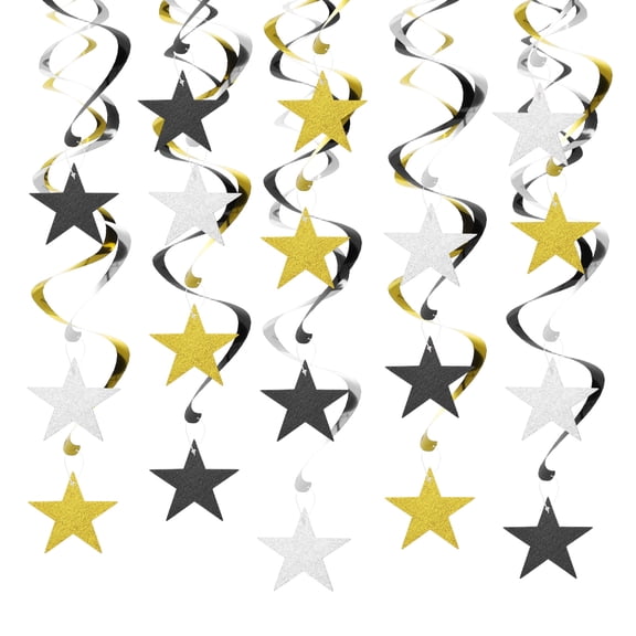 18pcs Hanging Stars Decorations, 27inch Star Hanging Decorations Party Supplies Shiny Twinkle Streamers for Wedding Birthday Party Graduation Ceiling, Gold Silver Black