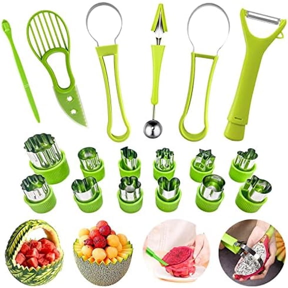 18pcs Melon Baller Scoop Set,  4 In 1 Stainless Steel Fruit Slicer Peeler Set, Avocado Slicer Orange Peeler Fruits Vegetables Carving Tools Set with Mini Fruit Cookie Cutters Set