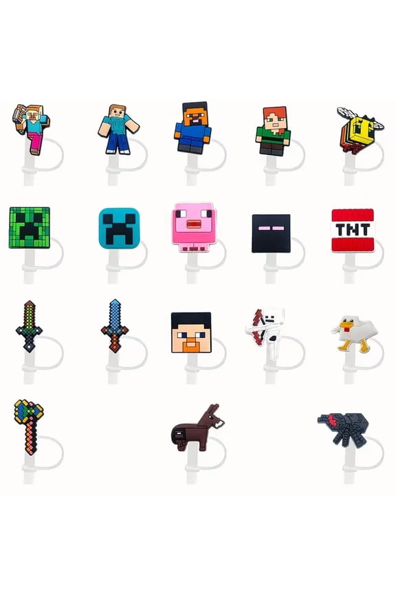 18pcs Minecraft DIY Decorative Accessories for Game Straw Caps, Silicone Dust Plugs for Straws.