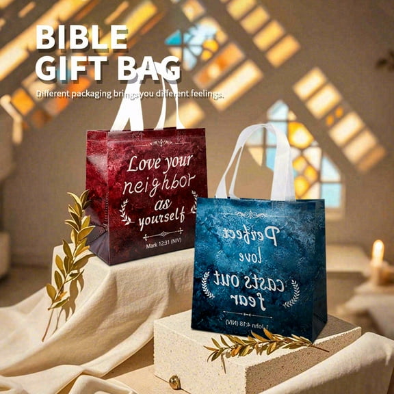 18pcs Non-woven Tote Bags with Bible Verses, Easter Christian Gift Bags, suitable for religious baptism, wedding, birthday, and first communion gift packaging, printed with Bible verses.