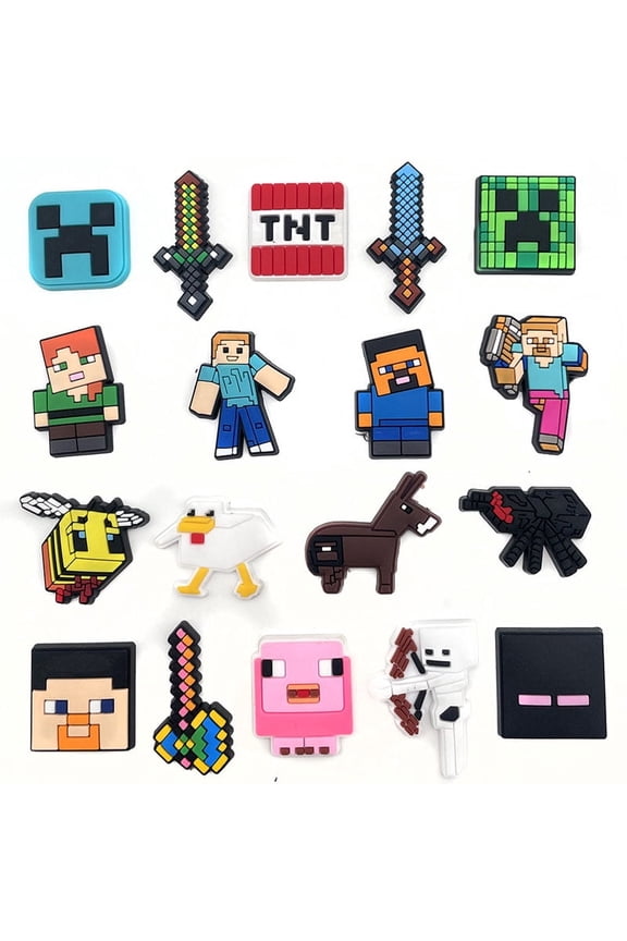 18pcs Pixel Block Shoe Charms for Clogs - Sandbox Survival PVC Shoe Decorations - Gamer Accessories,Pixel Miner & Animal Themed Gift Set
