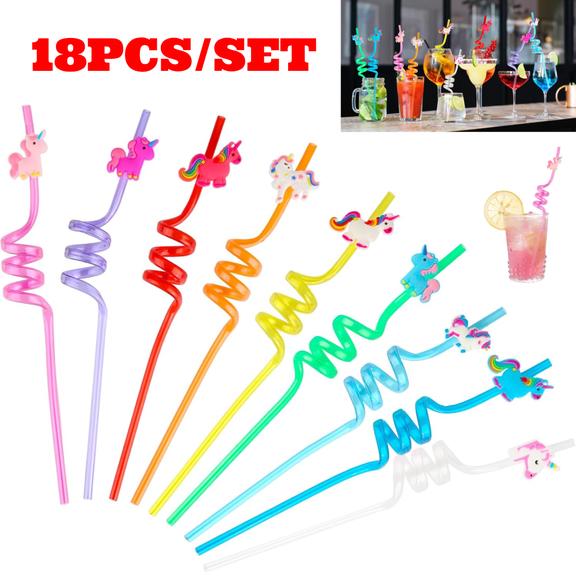 18pcs Reusable Unicorn Straws, Colorful Plastic Party Straws, Plastic Drinking Straws for Birthday, Wedding, Hawaii Party Decorations