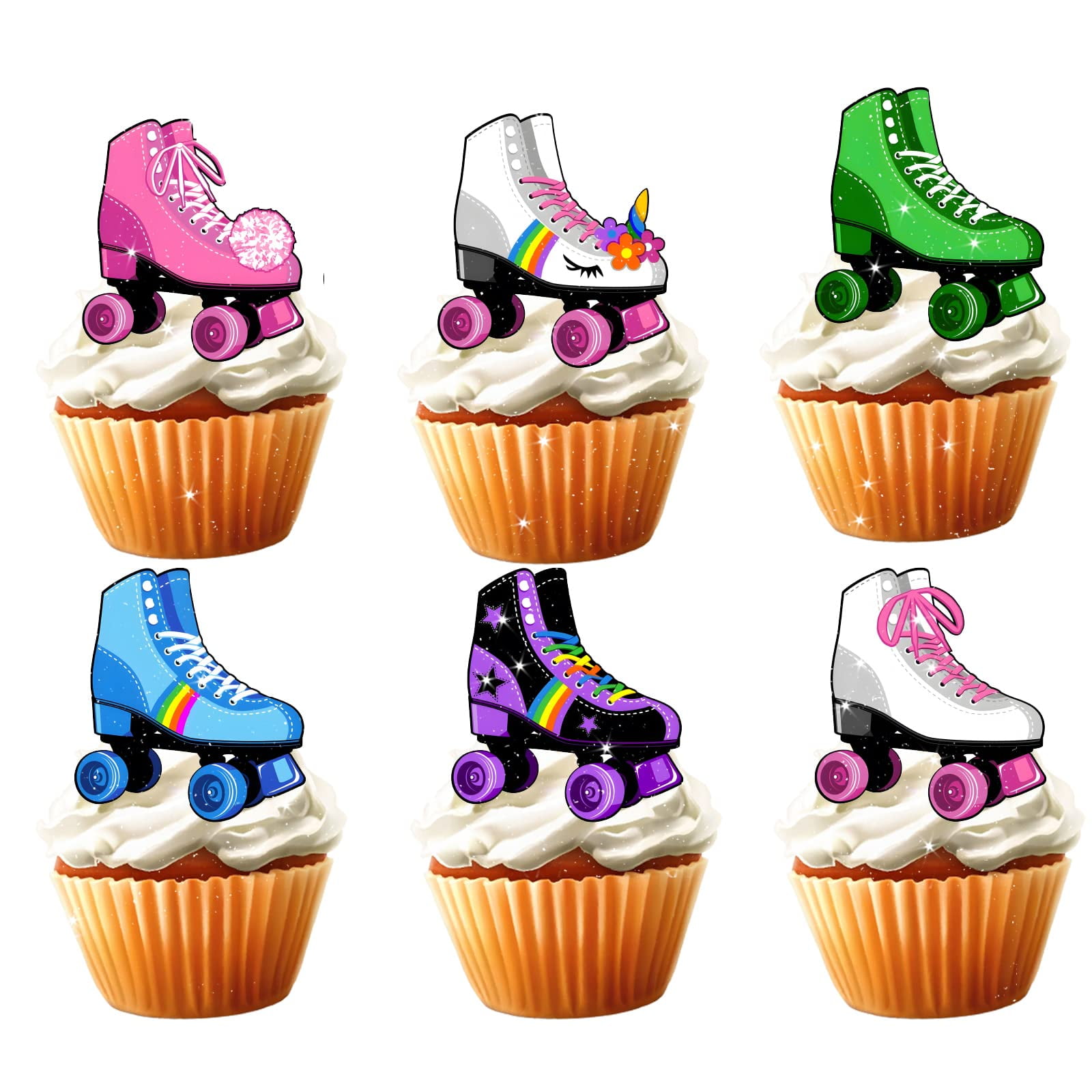 48pcs Roller Skate Cupcake Toppers - Retro 80s 90s Skating Theme Birthday Party Decorations, Blue & Colorful Designs
