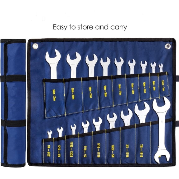 18pcs Super-Thin Open End Wrench Set, Metric & SAE, 5.5mm to 27mm, 1/4" to 1-1/16", CR-V Steel with Mirror Finish, Ultra-Slim Wrench Set with Rolling Pouch