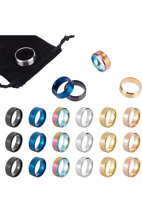 18pcs Titanium Steel Wide Band Finger Rings 6 Colors Laser Inscription Plain Blank Finger Ring Size 7 Wedding Ring Classical Plain Ring for Jewelry Making GiftMixed Color