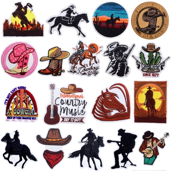 18pcs Western Cowboy Embroidered Iron On Patches Cute Cowgirl Boot Horseshoe Sew on Costume  for DIY T-Shirts Hat Backpacks Jeans Jackets Decoratons
