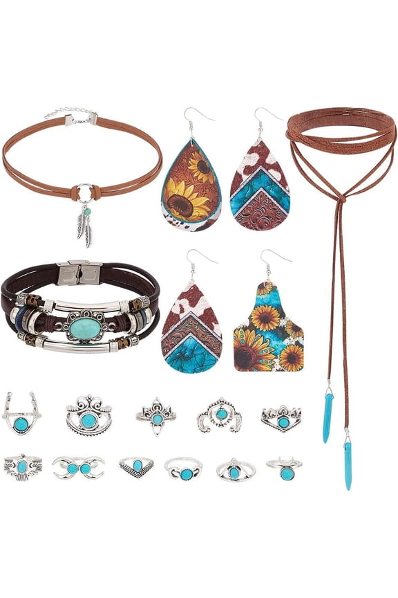 18pcs Western Jewelry Turquoise Jewelry Set Stackable Cowhide Bangle Bracelets 11pcs Alloy Boho Turquoise Rings Feather Pendant Adjustable Necklace for Women Gift
