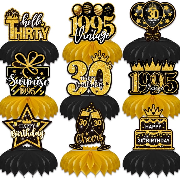 18th-80th Birthday Decorations Set, Table Toppers for Her Him Birthday Party Supplies, Happy 18-80 Year Old Table Decoration for Daughter Son, 9Pcs Black & Gold Honeycomb Centerpieces
