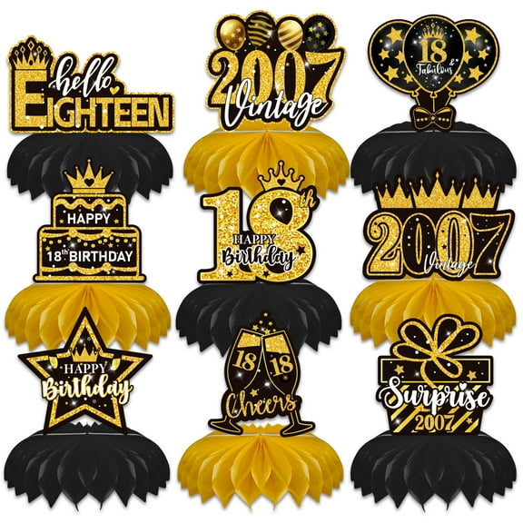 18th-80th Birthday Decorations Set, Table Toppers for Her Him Birthday Party Supplies, Happy 18-80 Year Old Table Decoration for Daughter Son, 9Pcs Black & Gold Honeycomb Centerpieces