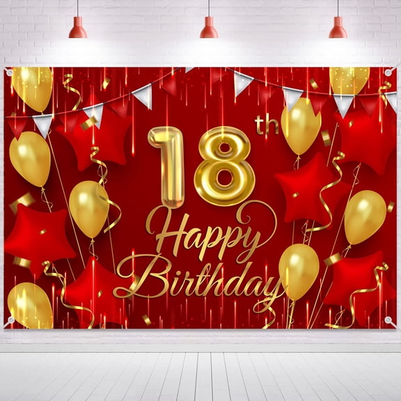 18th Birthday Backdrop Banner Decorations Red and Gold for Boys Girls Happy 18 Years Old Bday Background Photography Party Decor Sign Supplies