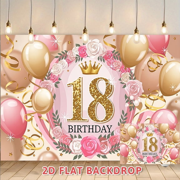 18th Birthday Backdrop Pink Gold Floral Crown Balloon Banner for Birthday Party Decoration Photography Background Photo Booth Props