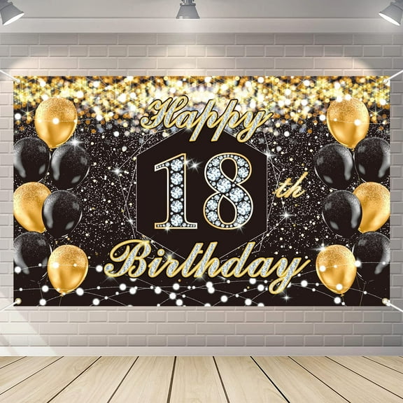 18th Birthday Banner Backdrop, 18th Birthday Party Decorations Black Gold 18th Birthday Photography Background, Black Gold Happy 18th Birthday Sign Birthday Party Supplies