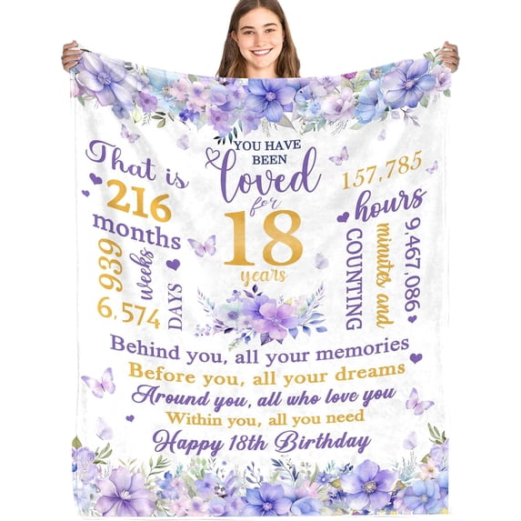18th Birthday Blanket Gifts, 18 Years Old Purple Floral Gift for Girls, 18th Birthday Decorations for Daughter Friends, 18th Bithday Soft Throw 50 * 60in Blanket