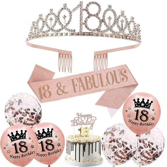18th Birthday Crown Sash Rose Gold, 18th Birthday Sash and Tiara Beaded Birthday Candles 6Pcs Balloon Birthday Cake Decoration, Birthday Sash for 18th Birthday Girl Party Decoration