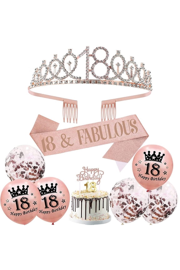 18th Birthday Crown Sash Rose Gold, 18th Birthday Sash and Tiara Beaded Birthday Candles 6Pcs Balloon Birthday Cake Decoration, Birthday Sash for 18th Birthday Girl Party Decoration