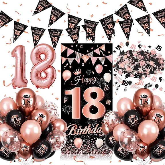 18th Birthday Decoration, 18th Birthday Girl Pink Black, Balloons 18 Birthday Decoration with Banner, Foil Number 18, Confetti, Latex Balloons for 18 Years Old Girl Party