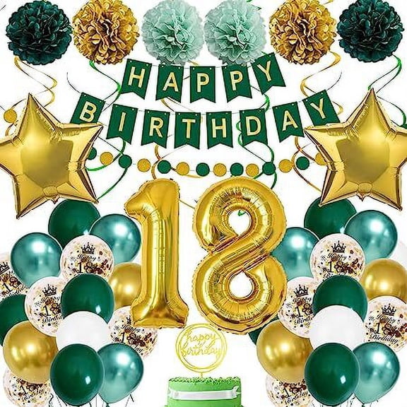 18th Birthday Decoration, Boy Girl Green Gold 18th Birthday Decoration Balloons with Birthday Banner 18th Birthday Confetti Balloons for 18th Birthday Decoration Women Man