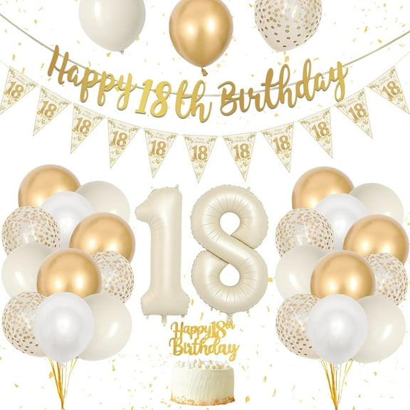 18th Birthday Decoration for Girls Boys, Boho White Sand Gold 18th Birthday Party Decorations with Happy 18th Birthday Triangle Flag Banner Number 18 Balloons