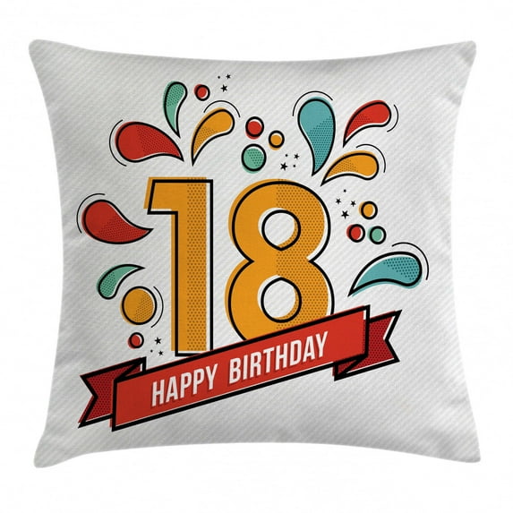 18th Birthday Decoration Throw Pillow Cushion Cover, Digital Print on Eighteen Years Happy Birthday Lettering Print, Decorative Square Accent Pillow Case, 24 X 24 Inches, Multicolor, by Ambesonne
