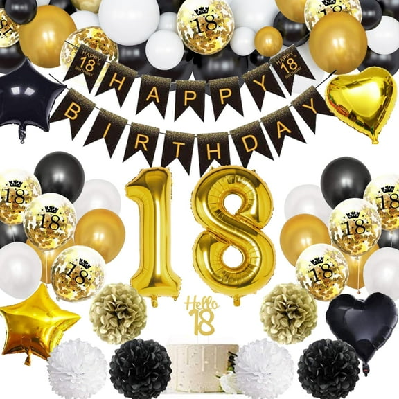 18th Birthday Decorations, Black Gold Party Decorations Supplies Balloon Garland Arch Kit with Happy Birthday Banner Tassels Confetti Balloon Number 18 Birthday Anniversary