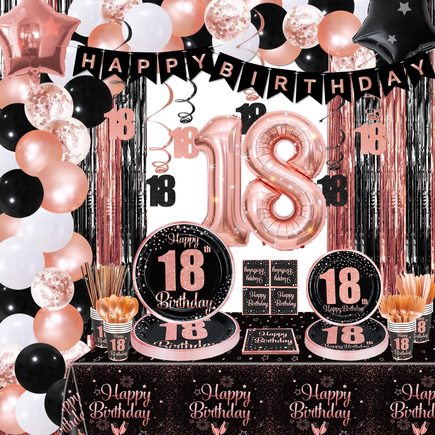 18th Birthday Decorations - Black and Rose Gold Party Decorations, Balloons, Banner, Plates, Napkins, Cups, Tableware, Tablecloth, 18th Birthday Party Supplies for Girls, Serve 20 - Walmart.com 18th Birthday Decorations - Black and Rose Gold Party Decorations, Balloons, Banner, Plates, Napkins, Cups, Tableware, Tablecloth, 18th Birthday Party Supplies for Girls, Serve 20 - Walmart.com