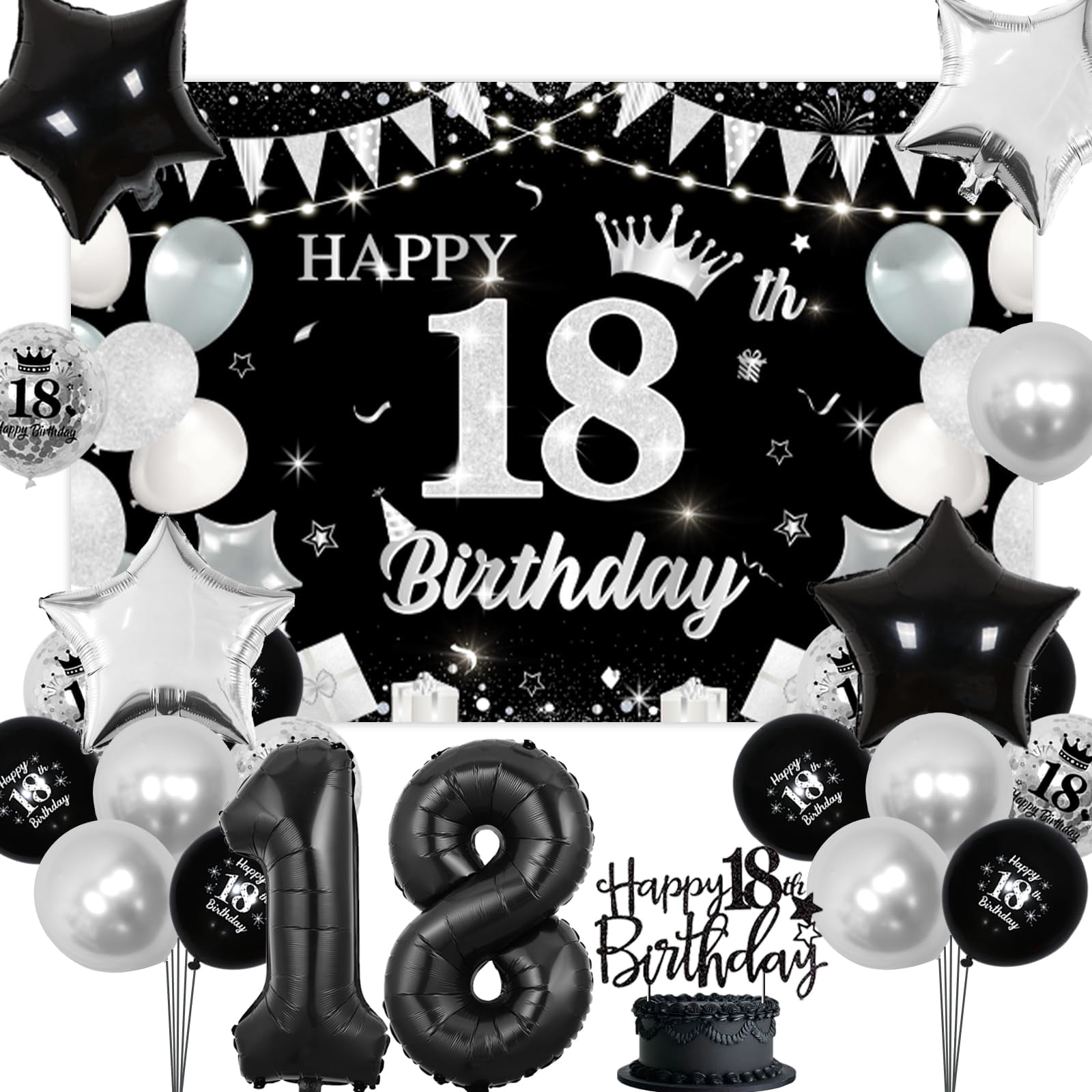 Happy 18th Birthday Banner Backdrop - 6x4ft Black Silver Party Decor For Teens - View #4