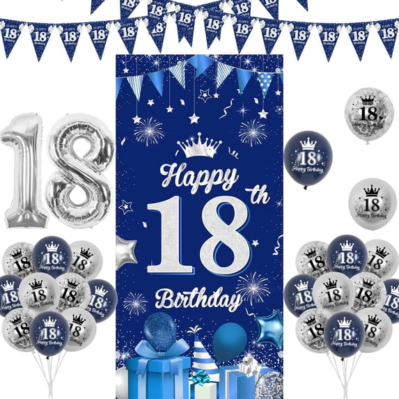 18th Birthday Decorations Blue and Silver for Boys Girls, Happy 18th Birthday Backdrop 18th Birthday Bunting Flags Triangle Banner Navy Silver 18 Confetti Foil Balloon for Him Her 18 Year Old Birthday