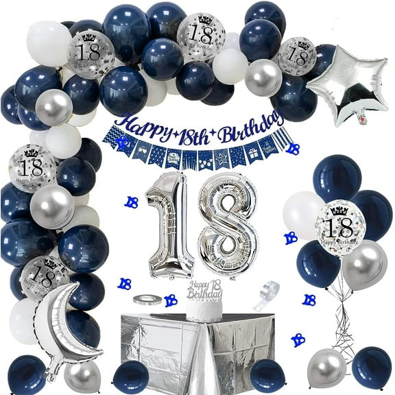18th Birthday Decorations for Boy, Navy Blue Silver Garland Kit with 18th Birthday Banner Triangle Flag Banner Tablecloth, Confetti Balloon, Party Decoration Supplies